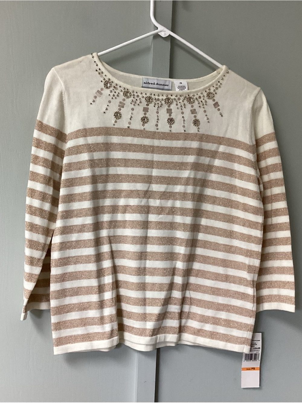 Alfred Dunner Cream & Beige Striped Jewel-Neck Sweater Petite Small New